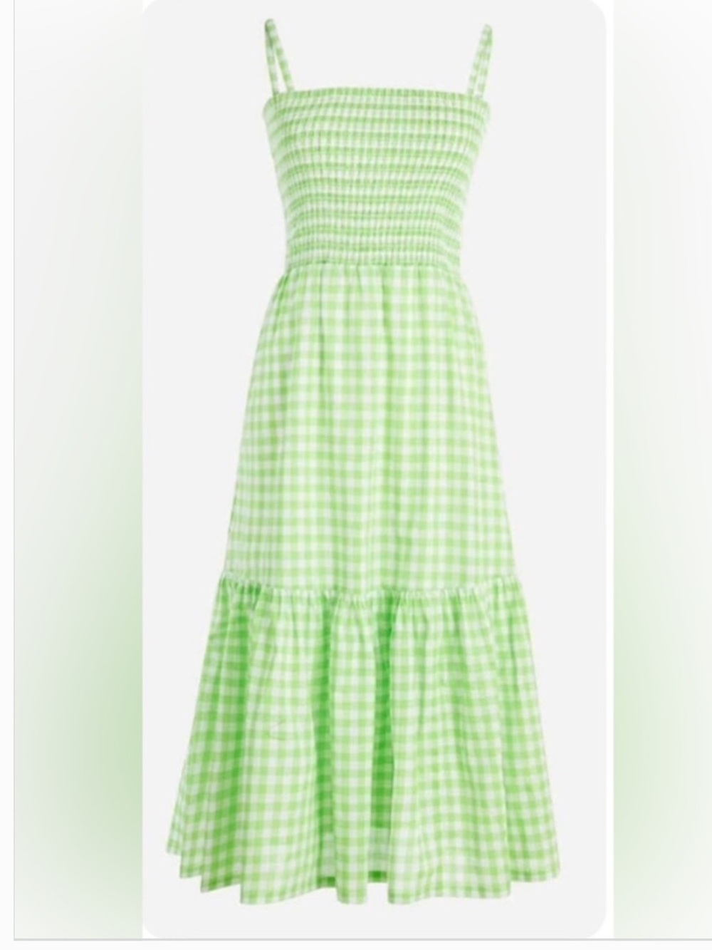 J Crew Re-Imagined Smocked Sleeveless Tiered Midi Dress Gingham Green White XS